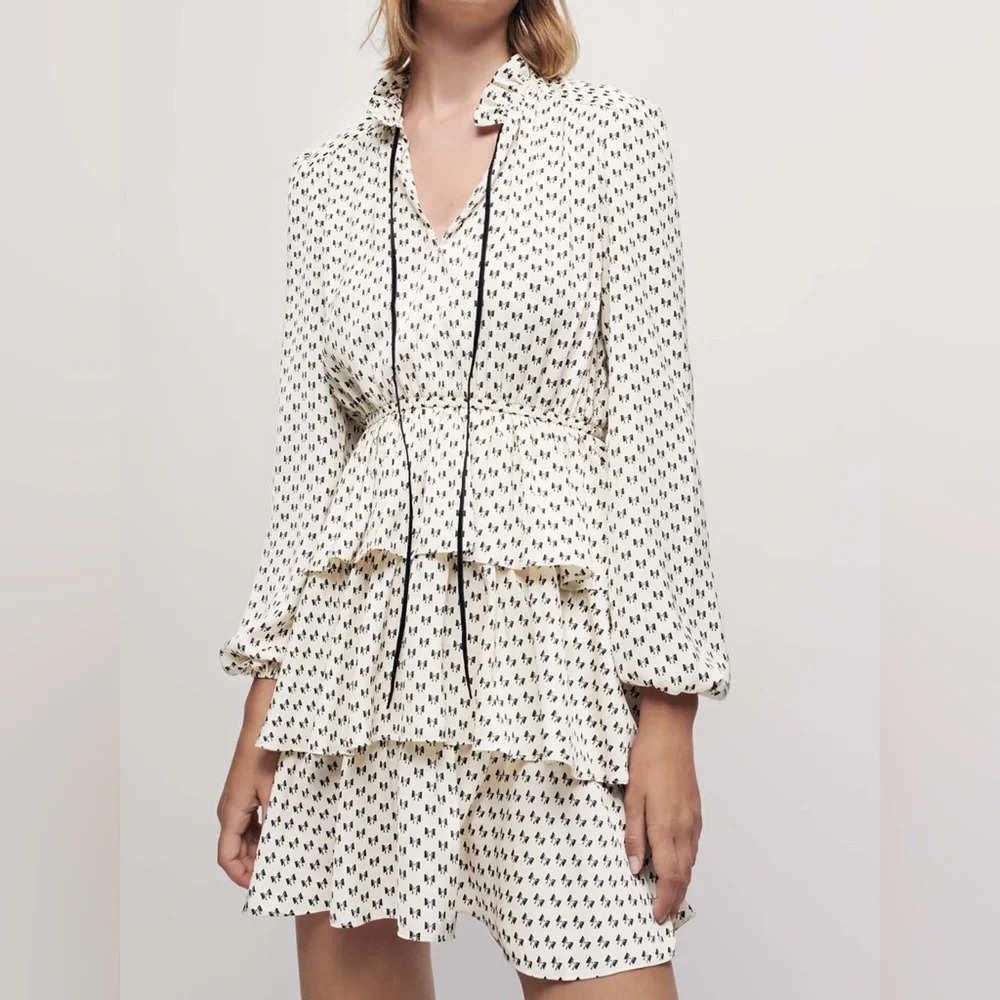 Maje Rinala Mini Dress Bow Print Size 36 Satin White Tie Neck